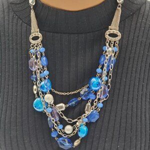 Multistrand Chain Statement Brilliant Blue Czech Beaded Necklace